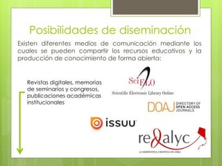 Posibilidades de diseminación 
Existen diferentes medios de comunicación mediante los 
cuales se pueden compartir los recursos educativos y la 
producción de conocimiento de forma abierta: 
Revistas digitales, memorias 
de seminarios y congresos, 
publicaciones académicas 
institucionales 
 