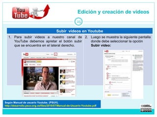 Edición y creación de videos 
Subir videos en Youtube 
1. Para subir videos a nuestro canal de 
YouTube debemos apretar el botón subir 
que se encuentra en el lateral derecho. 
2. Luego se muestra la siguiente pantalla 
donde debe seleccionar la opción 
Subir video: 
25 
Según Manual de usuario Youtube. (PSUV). 
http://desarrollo.psuv.org.ve/files/2010/07/Manual-de-Usuario-Youtube.pdf 
 