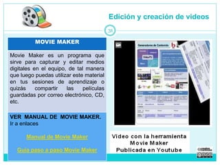 MOVIE MAKER 
Movie Maker es un programa que 
sirve para capturar y editar medios 
digitales en el equipo, de tal manera 
que luego puedas utilizar este material 
en tus sesiones de aprendizaje o 
quizás compartir las películas 
guardadas por correo electrónico, CD, 
etc. 
VER MANUAL DE MOVIE MAKER. 
Ir a enlaces 
Manual de Movie Maker 
Guía paso a paso Movie Maker 
Edición y creación de videos 
31 
 