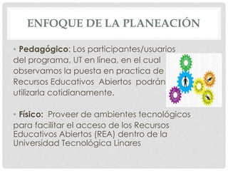 ENFOQUE DE LA PLANEACIÓN 
• Pedagógico: Los participantes/usuarios 
del programa, UT en línea, en el cual 
observamos la puesta en practica de los 
Recursos Educativos Abiertos podrán 
utilizarla cotidianamente. 
• Físico: Proveer de ambientes tecnológicos 
para facilitar el acceso de los Recursos 
Educativos Abiertos (REA) dentro de la 
Universidad Tecnológica Linares 
 