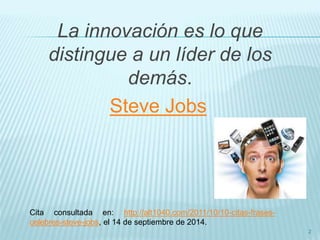 La innovación es lo que 
distingue a un líder de los 
demás. 
Steve Jobs 
2 
Cita consultada en: http://alt1040.com/2011/10/10-citas-frases-celebres- 
steve-jobs, el 14 de septiembre de 2014. 
 