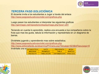 TERCERA FASE-SOLUCIÓNICA 
El docente invita a los estudiantes a Jugar a través del enlace 
http://www.juegoseducativosvindel.com/graficos.php 
Luego pasan los estudiantes a interpretar las siguientes graficas 
http://genmagic.net/repositorio/displayimage.php?pos=-291 
Teniendo en cuenta lo aprendido, realiza una encuesta a tus compañeros sobre la 
fruta que mas les gusta, tabula la información y represéntala en un diagrama de 
barras. 
Diviértete jugando y aprendiendo mas sobre estadística. 
http://www.juegoseducativosvindel.com/graficos.php 
http://www.editorialteide.es/elearning/Primaria.asp?IdJuego=923&IdTipoJuego=8 
Invéntate una sopa de letras con las siguientes palabras 
 