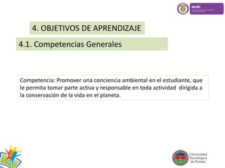 4. OBJETIVOS DE APRENDIZAJE 
4.1. Competencias Generales 
Competencia: Promover una conciencia ambiental en el estudiante, que 
le permita tomar parte activa y responsable en toda actividad dirigida a 
la conservación de la vida en el planeta. 
 