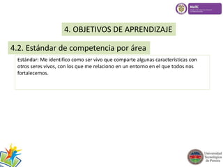4. OBJETIVOS DE APRENDIZAJE 
4.2. Estándar de competencia por área 
Estándar: Me identifico como ser vivo que comparte algunas características con 
otros seres vivos, con los que me relaciono en un entorno en el que todos nos 
fortalecemos. 
 