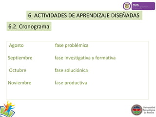 6. ACTIVIDADES DE APRENDIZAJE DISEÑADAS 
6.2. Cronograma 
Agosto fase problémica 
Septiembre fase investigativa y formativa 
Octubre fase soluciónica 
Noviembre fase productiva 
 