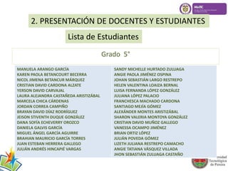 2. PRESENTACIÓN DE DOCENTES Y ESTUDIANTES 
Lista de Estudiantes 
Grado 5° 
MANUELA ARANGO GARCÍA 
KAREN PAOLA BETANCOURT BECERRA 
NICOL JIMENA BETANCUR MÁRQUEZ 
CRISTIAN DAVID CARDONA ALZATE 
YERSON DAVID CARVAJAL 
LAURA ALEJANDRA CASTAÑEDA ARISTIZÁBAL 
MARCELA CHICA CÁRDENAS 
JORDAN CORREA CAMPIÑO 
BRAYAN DAVID DÍAZ RODRÍGUEZ 
JEISON STIVENTH DUQUE GONZÁLEZ 
DANA SOFÍA ECHEVERRY OROZCO 
DANIELA GALVIS GARCÍA 
MIGUEL ÁNGEL GARCÍA AGUIRRE 
BRAHIAN MAURICIO GARCÍA TORRES 
JUAN ESTEBAN HERRERA GALLEGO 
JULIÁN ANDRÉS HINCAPIÉ VARGAS 
SANDY MICHELLE HURTADO ZULUAGA 
ANGIE PAOLA JIMÉNEZ OSPINA 
JOHAN SEBASTIÁN LARGO RESTREPO 
HELEN VALENTINA LOAIZA BERNAL 
LUISA FERNANDA LÓPEZ GONZÁLEZ 
JULIANA LÓPEZ PALACIO 
FRANCHESCA MACHADO CARDONA 
SANTIAGO MEJÍA GÓMEZ 
ALEXÁNDER MONTES ARISTIZÁBAL 
SHARON VALERIA MONTOYA GONZÁLEZ 
CRISTIAN DAVID MUÑOZ GALLEGO 
VANESSA OCAMPO JIMÉNEZ 
BRIAN ORTIZ LÓPEZ 
JULIÁN POVEDA GÓMEZ 
LIZETH JULIANA RESTREPO CAMACHO 
ANGIE TATIANA VÁSQUEZ VILLADA 
JHON SEBASTIÁN ZULUAGA CASTAÑO 
 