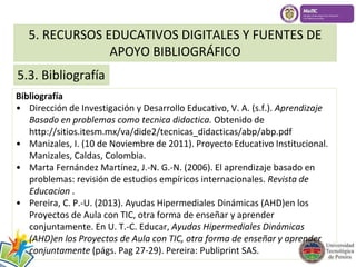 5. RECURSOS EDUCATIVOS DIGITALES Y FUENTES DE 
APOYO BIBLIOGRÁFICO 
5.3. Bibliografía 
Bibliografía 
• Dirección de Investigación y Desarrollo Educativo, V. A. (s.f.). Aprendizaje 
Basado en problemas como tecnica didactica. Obtenido de 
http://sitios.itesm.mx/va/dide2/tecnicas_didacticas/abp/abp.pdf 
• Manizales, I. (10 de Noviembre de 2011). Proyecto Educativo Institucional. 
Manizales, Caldas, Colombia. 
• Marta Fernández Martínez, J.-N. G.-N. (2006). El aprendizaje basado en 
problemas: revisión de estudios empíricos internacionales. Revista de 
Educacion . 
• Pereira, C. P.-U. (2013). Ayudas Hipermediales Dinámicas (AHD)en los 
Proyectos de Aula con TIC, otra forma de enseñar y aprender 
conjuntamente. En U. T.-C. Educar, Ayudas Hipermediales Dinámicas 
(AHD)en los Proyectos de Aula con TIC, otra forma de enseñar y aprender 
conjuntamente (págs. Pag 27-29). Pereira: Publiprint SAS. 
 