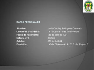 FORMACIÓN ACADÉMICAINSTITUTO:	Universidad de los AndesAuxiliar de FarmaciaUniversidad cooperativa de ColombiaAuxiliar de enfermeríaESTUDIOS SECUNDARIOS:	 Colegio Inem Luis López de mesa(1996)