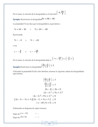 Por lo tanto, la solución de la desigualdad es el intervalo
Ejemplo. Resolvamos la desigualdad

.

.

La propiedad (7) nos dice que la desigualdad es equivalente a

Resolviendo

o sea

Por lo tanto, la solución de la desigualdad dada es

Ejemplo Resolvamos la desigualdad

.

Utilizando la propiedad (8) del valor absoluto, tenemos la siguiente cadena de desigualdades
equivalentes:

Elaborando un diagrama de signos tenemos
Signo de

+- -

Signo de

- - +

120

 