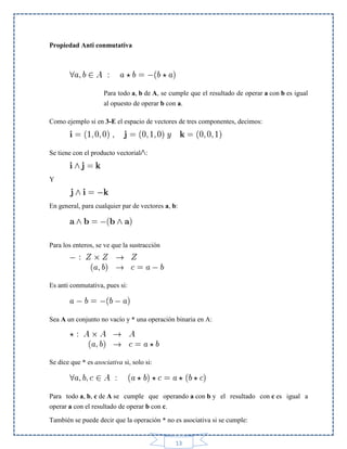 Propiedad Anti conmutativa

Para todo a, b de A, se cumple que el resultado de operar a con b es igual
al opuesto de operar b con a.
Como ejemplo si en 3-E el espacio de vectores de tres componentes, decimos:

Se tiene con el producto vectorial :

Y

En general, para cualquier par de vectores a, b:

Para los enteros, se ve que la sustracción

Es anti conmutativa, pues si:

Sea A un conjunto no vacío y * una operación binaria en A:

Se dice que * es asociativa si, solo si:

Para todo a, b, c de A se cumple que operando a con b y el resultado con c es igual a
operar a con el resultado de operar b con c.
También se puede decir que la operación * no es asociativa si se cumple:
13

 
