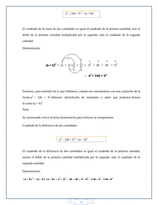 a2 + 2ab + b2 = (a + b)2

El cuadrado de la suma de dos cantidades es igual al cuadrado de la primera cantidad, más el
doble de la primera cantidad multiplicada por la segunda, más el cuadrado de la segunda
cantidad.
Demostración:

Entonces, para entender de lo que hablamos, cuando nos encontramos con una expresión de la
forma a2 + 2ab + b2 debemos identificarla de inmediato y saber que podemos factora
la como (a + b)2
Nota:
Se recomienda volver al tema factorización para reforzar su comprensión.
Cuadrado de la diferencia de dos cantidades

a2 – 2ab + b2 = (a – b)2

El cuadrado de la diferencia de dos cantidades es igual al cuadrado de la primera cantidad,
menos el doble de la primera cantidad multiplicada por la segunda, más el cuadrado de la
segunda cantidad.
Demostración:

37

 