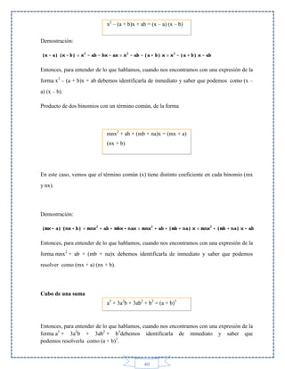 x2 – (a + b)x + ab = (x – a) (x – b)
Demostración:

Entonces, para entender de lo que hablamos, cuando nos encontramos con una expresión de la
forma x2 – (a + b)x + ab debemos identificarla de inmediato y saber que podemos como (x –
a) (x – b).
Producto de dos binomios con un término común, de la forma

mnx2 + ab + (mb + na)x = (mx + a)
(nx + b)

En este caso, vemos que el término común (x) tiene distinto coeficiente en cada binomio (mx
y nx).

Demostración:

Entonces, para entender de lo que hablamos, cuando nos encontramos con una expresión de la
forma mnx2 + ab + (mb + na)x debemos identificarla de inmediato y saber que podemos
resolver como (mx + a) (nx + b).

Cubo de una suma
a3 + 3a2b + 3ab2 + b3 = (a + b)3

Entonces, para entender de lo que hablamos, cuando nos encontramos con una expresión de la
forma a3 + 3a2b + 3ab2 + b3debemos identificarla de inmediato y saber que
podemos resolverla como (a + b)3.

40

 