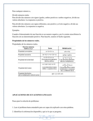 Para cualquier número a,
Dividir números reales
Para dividir dos números con signos iguales, ambos positivos o ambos negativos, divida sus
valores absolutos. La respuesta es positiva.
Para dividir dos números con signos diferentes, uno positivo y el otro negativo, divida sus
valores absolutos. La respuesta es negativa.
Ejemplos.
Cuando el denominador de una fracción es un numero negativo, por lo común reescribimos la
fracción con un denominador positivo. Para hacerlo, usamos el hecho siguiente.
Propiedades de los números reales.
Propiedades de los números reales.

APLICACIONES DE ECUACIONES LINEALES
Pasos para la solución de problemas:

1. Leer el problema hasta entenderlo para ser capaz de explicarlo con otras palabras.
2. Identificar la información disponible y qué es lo que se pregunta.

61

 