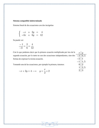 Sistema compatible indeterminado
Sistema lineal de dos ecuaciones con dos incógnitas

Se puede ver:

Con lo que podemos decir que la primera ecuación multiplicada por tres da la
segunda ecuación, por lo tanto no son dos ecuaciones independientes, sino dos
formas de expresar la misma ecuación.
Tomando una de las ecuaciones, por ejemplo la primera, tenemos:

67

 