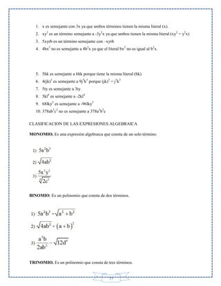 1. x es semejante con 3x ya que ambos términos tienen la misma literal (x).
2. xy2 es un término semejante a -3y2x ya que ambos tienen la misma literal (xy2 = y2x)
3. 5xyrb es un término semejante con –xyrb
4. 4bx2 no es semejante a 4b2x ya que el literal bx2 no es igual al b2x.

5. 5hk es semejante a 6hk porque tiene la misma literal (hk)
6. 4(jk)3 es semejante a 9j3k3 porque (jk)3 = j3k3
7. 5ty es semejante a 3ty
8. 5kl4 es semejante a -2kl4
9. 68lky5 es semejante a -96lky5
10. 378ab3c2 no es semejante a 378a2b3c
CLASIFICACION DE LAS EXPRESIONES ALGEBRAICA
MONOMIO. Es una expresión algebraica que consta de un solo término.

BINOMIO. Es un polinomio que consta de dos términos.

TRINOMIO. Es un polinomio que consta de tres términos.

77

 