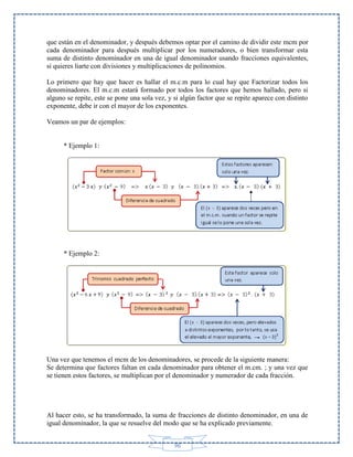 que están en el denominador, y después debemos optar por el camino de dividir este mcm por
cada denominador para después multiplicar por los numeradores, o bien transformar esta
suma de distinto denominador en una de igual denominador usando fracciones equivalentes,
si quieres liarte con divisiones y multiplicaciones de polinomios.
Lo primero que hay que hacer es hallar el m.c.m para lo cual hay que Factorizar todos los
denominadores. El m.c.m estará formado por todos los factores que hemos hallado, pero si
alguno se repite, este se pone una sola vez, y si algún factor que se repite aparece con distinto
exponente, debe ir con el mayor de los exponentes.
Veamos un par de ejemplos:

* Ejemplo 1:

* Ejemplo 2:

Una vez que tenemos el mcm de los denominadores, se procede de la siguiente manera:
Se determina que factores faltan en cada denominador para obtener el m.cm. ; y una vez que
se tienen estos factores, se multiplican por el denominador y numerador de cada fracción.

Al hacer esto, se ha transformado, la suma de fracciones de distinto denominador, en una de
igual denominador, la que se resuelve del modo que se ha explicado previamente.
96

 