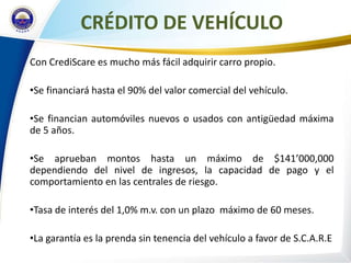 CRÉDITO DE VEHÍCULO
Con CrediScare es mucho más fácil adquirir carro propio.

•Se financiará hasta el 90% del valor comercial del vehículo.

•Se financian automóviles nuevos o usados con antigüedad máxima
de 5 años.

•Se aprueban montos hasta un máximo de $141’000,000
dependiendo del nivel de ingresos, la capacidad de pago y el
comportamiento en las centrales de riesgo.

•Tasa de interés del 1,0% m.v. con un plazo máximo de 60 meses.

•La garantía es la prenda sin tenencia del vehículo a favor de S.C.A.R.E
 