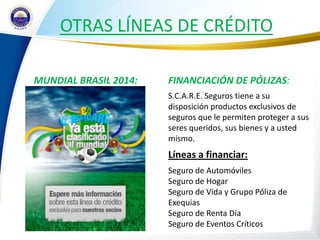 OTRAS LÍNEAS DE CRÉDITO

MUNDIAL BRASIL 2014:   FINANCIACIÓN DE PÓLIZAS:
                       S.C.A.R.E. Seguros tiene a su
                       disposición productos exclusivos de
                       seguros que le permiten proteger a sus
                       seres queridos, sus bienes y a usted
                       mismo.
                       Líneas a financiar:
                       Seguro de Automóviles
                       Seguro de Hogar
                       Seguro de Vida y Grupo Póliza de
                       Exequias
                       Seguro de Renta Día
                       Seguro de Eventos Críticos
 