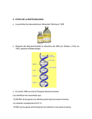 4. ETAPA DE LA BIOTECNOLOGIA:
La penicilina fue descubierta por Alexander Fleming en 1928
Después del descubrimientode la estructura del ADN por Watson y Crick en
1953, aparece la Biotecnología
En el año 1985 se inició el Proyecto Genoma Humano
Los científicos han encontrado que:
- El 99,99% de los genes son idénticos para todos los seres humanos
-La variación corresponde al 0,01 %
- El 98% de los genes del Chimpancé son idénticos a los seres humanos
 