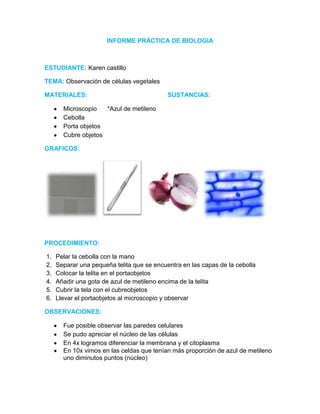 INFORME PRÁCTICA DE BIOLOGIA
ESTUDIANTE: Karen castillo
TEMA: Observación de células vegetales
MATERIALES: SUSTANCIAS:
Microscopio *Azul de metileno
Cebolla
Porta objetos
Cubre objetos
GRAFICOS:
PROCEDIMIENTO:
1. Pelar la cebolla con la mano
2. Separar una pequeña telita que se encuentra en las capas de la cebolla
3. Colocar la telita en el portaobjetos
4. Añadir una gota de azul de metileno encima de la telita
5. Cubrir la tela con el cubreobjetos
6. Llevar el portaobjetos al microscopio y observar
OBSERVACIONES:
Fue posible observar las paredes celulares
Se pudo apreciar el núcleo de las células
En 4x logramos diferenciar la membrana y el citoplasma
En 10x vimos en las celdas que tenían más proporción de azul de metileno
uno diminutos puntos (núcleo)
 