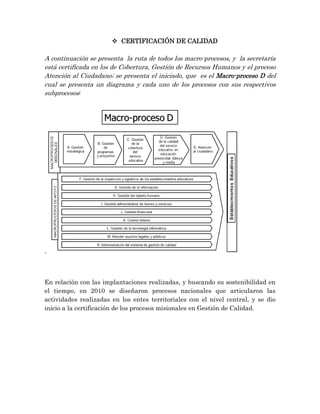  CERTIFICACIÓN DE CALIDAD
A continuación se presenta la ruta de todos los macro-procesos, y la secretaría
está certificada en los de Cobertura, Gestión de Recursos Humanos y el proceso
Atención al Ciudadano; se presenta el iniciado, que es el Macro-proceso D del
cual se presenta un diagrama y cada uno de los procesos con sus respectivos
subprocesos:
..
En relación con las implantaciones realizadas, y buscando su sostenibilidad en
el tiempo, en 2010 se diseñaron procesos nacionales que articularon las
actividades realizadas en los entes territoriales con el nivel central, y se dio
inicio a la certificación de los procesos misionales en Gestión de Calidad.
 