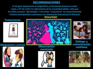 RECOMENDACIONES
.
Observación
constante
Diálogo y
comunicación
continua
Tratamiento
.
Diagnóstico precoz
Es de gran importancia el diagnóstico y tratamiento precoz en estos
casos, a fin de evitar las alteraciones de la sexualidad adulta, visto que
los niños varones "afeminados" o las niñas "masculinas" no necesariamente
a futuro corresponden a personas con orientación homosexual o bisexual.
RESULTADO
 