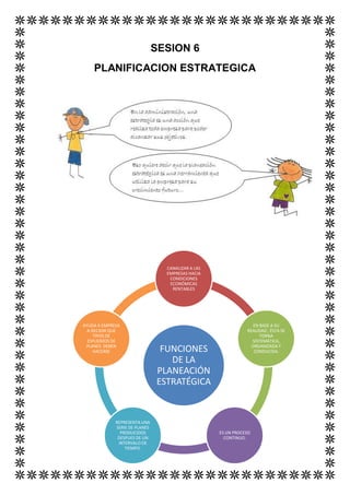 SESION 6
    PLANIFICACION ESTRATEGICA




                                 CANALIZAR A LAS
                                 EMPRESAS HACIA
                                  CONDICIONES
                                  ECONÓMICAS
                                   RENTABLES




AYUDA A EMPRESA                                                  EN BASE A SU
  A DECIDIR QUE                                               REALIDAD , ÉSTA SE
     TIPOS DE                                                       TORNA
  ESFUERZOS DE                                                  SISTEMÁTICA,
 PLANES DEBEN                                                   ORGANIZADA Y
     HACERSE                    FUNCIONES                        CONDUCIDA.

                                  DE LA
                               PLANEACIÓN
                               ESTRATÉGICA


             REPRESENTA UNA
             SERIE DE PLANES
               PRODUCIDOS                          ES UN PROCESO
              DESPUES DE UN                          CONTINUO.
              INTERVALO DE
                 TIEMPO.
 