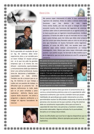 Sesión               1
                                              Me parece súper interesante el saber lo que realmente es un
                                              ingeniero de sistemas. Antes no sabía a ciencia cierta todas las
                                              funciones      que     hay     dentro     de    esta    ingeniería.
                                              Tenía ciertas dudas, por eso me puse a navegar en internet y
                                              encontré mucho más funciones del ingeniero de sistemas. Me
                                              satisface saber cómo la administración es un agente activo, van de
                                              la mano puesto que un ingeniero necesita gestionar, moldear, ser
                                              proactivo. El hecho de saber lo que el mercado me va a exigir de
                                              aquí a poco tiempo, pues me indica que debo estar preparada y
                                              que los cursos que estoy llevando cada en ciclo no son por gusto,
                                              sino que fomentan mi buena formación como ingeniera. Por
                                              ejemplo, el curso de MTU, MIC, me ayudan para que más
                                              adelante sepa cómo realizar correctamente un trabajo de
                                              investigación, tesis. Ahora que estoy mejor informada sobre los
De lo aprendido eh resaltado de que
                                              puestos que podría ocupar, he borrado la idea estática que tenia
un Ing. De sistemas debe tener
                                              de la ingeniería: que era la de sentarse en una PC y programar sin
experiencia, ética, y ser sociable para
                                              cansancio.
un buen trabajo en equipo porque
eso es lo que nos pide las grandes        Me parece de mucha ayuda porque trata sobre las
empresas que a la misma ves nos           empresas, lo que quieren las empresas de los
ofrecen crecimiento, oportunidades        ingenieros, cómo un verdadero ingeniero debe de
y remuneraciones dado que debemos         estar altamente capacitado para poder realizar
tener una actitud profesional, buena      cualquier tipo de trabajo que le propongan o lo
toma de decisiones y habilidades y        asignen. Creo que la persona que realiza estos
capacidades en todo ámbito.               trabajos es un individuo que tiene las actitudes
También nos da a conocer que es un        adecuadas que una empresa requiere, ya que el
Ing. De Sistemas en que trabaja y         hombre(ser humano)puede trabajar en equipo
cuáles son sus puestos de trabajo. La     (como mencionan que deben trabajar en forma
dificultad que se presento fue de         grupal) lograrían un mejor resultado.
algunas definiciones lo leído dado
                                          Un ingeniero de sistema tiene que tener el conocimiento de su
que es un poco complejo y poco
                                          carrera y conocimientos prácticos estar en la capacidad de saber
explicativo definirlo. Bueno para
                                          expresarse oralmente y por escrito y también tiene que poseer
superar dicha situación me atreví a
                                          habilidades de aprendizaje para poder relacionarte con otros,
preguntar a algunos profesores y a
                                          permitiéndole resolver las dificultades empleando el talento de las
indagar en algunos buscadores de
                                          personas y los recursos con los que cuentan, el Ing. De sistemas
internet
                                          debe ser socialmente responsable y ético para así tener la
                                          capacidad de tratar bien a las personas y mantener contactos
                                          personales adecuados. Algunas actitudes fue la puntualidad,
                                          disciplina en el trabajo desarrollado.

                                          Bueno las dificultades que tuve fue en algunas diapositivas que no
                                          fueron muy entendibles, faltaron ejemplos para poder ser más
                                          explicativo.

                                          Para poder superar estas dificultades tuvimos la ayuda del internet
                                          y algunos libros.
 