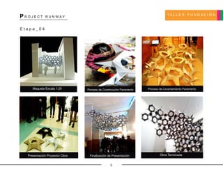 T A L L E R F U N D A C I Ó N
P R O J E C T R U N W A Y
8
E t a p a _ 0 4
Maqueta Escala 1:25 Proceso de Construcción Paramento Proceso de Levantamiento Paramento
Presentación Proyecto/ Obra Finalización de Presentación Obra Terminada
 