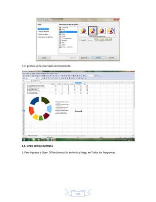 7. El gráfico se ha insertado correctamente.




4.3. OPEN OFFICE IMPRESS

1. Para ingresar a Open Office damos clic en Inicio y luego en Todos los Programas.




                                               102
 