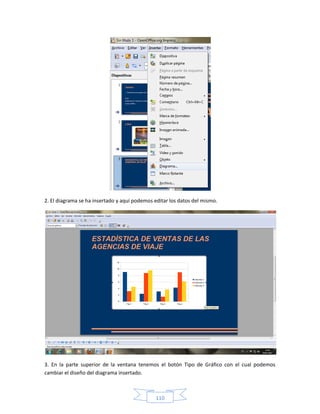 2. El diagrama se ha insertado y aquí podemos editar los datos del mismo.




3. En la parte superior de la ventana tenemos el botón Tipo de Gráfico con el cual podemos
cambiar el diseño del diagrama insertado.



                                               110
 