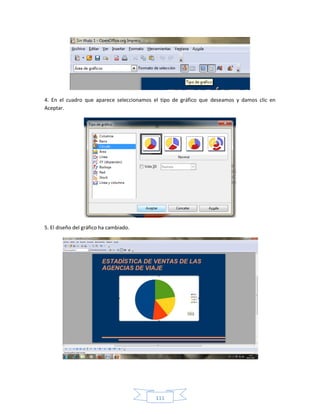 4. En el cuadro que aparece seleccionamos el tipo de gráfico que deseamos y damos clic en
Aceptar.




5. El diseño del gráfico ha cambiado.




                                          111
 