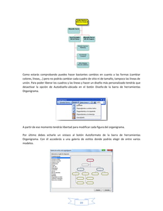 Como estarás comprobando puedes hacer bastantes cambios en cuanto a las formas (cambiar
colores, líneas,…) pero no podrás cambiar cada cuadro de sitio ni de tamaño, tampoco las líneas de
unión. Para poder liberar los cuadros y las líneas y hacer un diseño más personalizado tendrás que
desactivar la opción de Autodiseño ubicada en el botón Diseño de la barra de herramientas
Organigrama.




A partir de ese momento tendrás libertad para modificar cada figura del organigrama.

Por último debes echarle un vistazo al botón Autoformato de la barra de herramientas
Organigrama. Con él accederás a una galería de estilos donde podrás elegir de entre varios
modelos.




                                               89
 