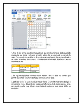 1. Una de las formas es utilizar la cuadrícula que simula una tabla. Cada cuadrado
representa una celda y al pasar el ratón sobre ella se coloreará en naranja la
selección que realicemos. Al hacer clic confirmamos que la selección se ha realizado y
se inserta la tabla en el documento. En el ejemplo de la imagen estaríamos creando
una tabla de 3x3.




2. La segunda opción es haciendo clic en Insertar Tabla. Se abre una ventana que
permite especificar el número de filas y columnas para la tabla.

3. La tercer opción es usar el vínculo Dibujar Tabla. El cursor tomará forma de lápiz y
simplemente iremos dibujando las líneas que la formarán. Esta opción es más lenta,
pero puede resultar muy útil para crear tablas irregulares o para retocar tablas ya
existentes.




                                                                                    55
 