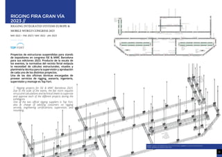 RIGGING FIRA GRAN VÍA
2023 //
RIGGING INTEGRATED SYSTEMS EUROPE &
MOBILE WORLD CONGRESS 2023
may 2022 - ENE 2023 / may 2022 - JaN 2023
ESPAÑA / SPAIIN
Proyectos de estructuras suspendidas para stands
de expositores en congreso ISE & MWC Barcelona
para sus ediciones 2023. Producto de la escala de
los eventos, la normativa del recinto ferial estipula
la necesidad de cálculos estructurales, visados y
planimetría técnica para la supervisión y aprobación
de cada uno de los distintos proyectos.
Una de las dos oficinas técnicas encargadas de
proveer servicios de rigging, asesoría, ingeniería,
supervisión y montaje es Top Fort.
// Rigging projects for ISE & MWC Barcelona 2023.
Due to the scale of the events, the fair norm requires
strcucutral calculations and technical sheets to supervise
and approve each of the diﬀerent projects during the
exhibitions.
One of the two oﬀcial rigging suppliers is Top Fort,
also in charge of advising costumers on rigging
services, engineering certificatrions, supervision, and
mounting.
IMAGEN 1: moDELo VECTORWORKS PaRa CÁLCULo ESTRCUTRUaL; IMAGEN 2: PLaNTa DE DISTRUBUCIÓN DE
CaRGaS, oBTENIDa DEL moDELo ESTRUCTURaL.
31
PROFESIÓN
Aprobado por:
Enzo F. Cornejo Espinosa | Arquitecto
 