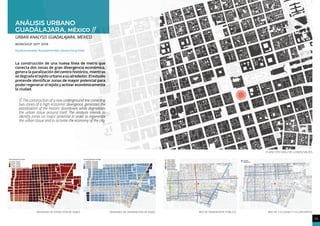 DENSIDAD DE ATRACCIÓN DE VIAJES DENSIDAD DE GENERACIÓN DE VIAJES RED DE TRANSPORTE PÚBLICO RED DE CICLOVIAS Y CICLOPUERTOS
PLANO TIPO NOLLI DE LLENOS/VACÍOS
35
LEVANTAMIENTO
ANÁLISIS URBANO
GUADÁLAJARA, MÉXicO //
URBAN ANALYSIS GUADALAJARA, MEXICO
WoRKSHoP SEPT 2018
Arquitecta Asociada / Associated Architect: Rossana Forray (Chile)
La construcción de una nueva línea de metro que
conecta dos zonas de gran divergencia económica,
genera la paralización del centro histórico, mientras
sedegradaeltejidourbanoasualrededor.Elestudio
pretende identificar zonas de mayor potencial para
poder regenerar el tejido y activar económicamente
la ciudad.
// The construction of a new underground line conecting
two zones of a high economic divergence, generates the
paralization of the historic downtown, while degradates
the urban tissue around itself. The analysis intends to
identify zones on major potential in order to regenerate
the urban tissue and to activate the economy of the city.
ANÁLISIS URBANO
GUADÁLAJARA, MÉXicO //
URBAN ANALYSIS GUADALAJARA, MEXICO
URBAN ANALYSIS GUADALAJARA, MEXICO
Arquitecta Asociada / Associated Architect: Rossana Forray (Chile)
La construcción de una nueva línea de metro que
La construcción de una nueva línea de metro que
conecta dos zonas de gran divergencia económica,
conecta dos zonas de gran divergencia económica,
genera la paralización del centro histórico, mientras
genera la paralización del centro histórico, mientras
sedegradaeltejidourbanoasualrededor.Elestudio
sedegradaeltejidourbanoasualrededor.Elestudio
pretende identificar zonas de mayor potencial para
pretende identificar zonas de mayor potencial para
poder regenerar el tejido y activar económicamente
poder regenerar el tejido y activar económicamente
The construction of a new underground line conecting
The construction of a new underground line conecting
two zones of a high economic divergence, generates the
two zones of a high economic divergence, generates the
paralization of the historic downtown, while degradates
paralization of the historic downtown, while degradates
the urban tissue around itself. The analysis intends to
the urban tissue around itself. The analysis intends to
identify zones on major potential in order to regenerate
identify zones on major potential in order to regenerate
the urban tissue and to activate the economy of the city.
the urban tissue and to activate the economy of the city.
 