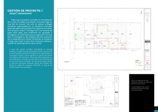 40
Typicall diagram sheet,
used in municipal assignment
for small construction permit.
41
LEVANTAMIENTO
GESTIÓN DE PROYECTO //
PROJECT MANAGEMENT
Dado que el proyecto considera la remodelación
de un bien inmueble ya existente, el proceso legal es
más fácil de resolver. Para ello se realizan entregas
periódicas supervisadas por un arquitecto municipal,
quiénapruebaorechazaelpermiso,segúnlanormativa.
Este proyecto realizó 5 entregas (con una semana de
plazo entre ellas), para finalmente ser aprobado y
entregado a la constructora para su ejecución. Por otro
lado, la envergadura del proyecto permite prescindir
de un especialista en cálculo, facultando al arquitecto
a cargo, para hacer la estructura necesaria, siempre y
cuando se mantenga dentro de la norma.
// Since the project considers remodeling an existing
building, the legal process associated is easy to resolve.The
process considers periodicall assignments, supervised by a
municipal architect, whom approves or denies the permit
according to the normative. This project did 5 assignments,
one week each, to finally get the permit and be delivered
to the construction company. The size of the project allows
to prescind calculation specialist, giving the architect the
faculty to make the necessary structure, as long as its
remains within the normative.
Lámina de diagramación tipo,
utilizada en entrega municipal para
permiso de obra menor.
// Typical diagram sheet, used in
municipal assignment for small
construction permit.
 