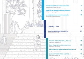 A
C
A
D
E
M
I
A
/
C
O
L
L
E
G
E
CASA BÉLICE | VPA
Belize House / VPA
LA EXPERIENCIA DE COMER, PABELLÓN
The Experience of Eating, Pavilion 2019
ESPACIOS DE TRABAJO, EDIFICIOS QUE VIVEN
Workspaces, Living Buildings 2019
PROYECTO DE TÍTULO Y TESIS MAGISTRAL
Graduation Project & Master Thesis 2020
CASA BUNSTER PUERTECILLO | VPA
Bunster Puertecillo House / VPA
ANÁLISIS URBANO GUADÁLAJARA, MEX
Urban Analysis Guadalajara, MEX
CASA VÁSQUEZ | NA3
CONSTRUCTORA
Vasquez House / NA3
Contractor
MAESTRANZADEFERROCARRILSANEUGENIO,CHI
San Eugenio Railway Station, CHI
CABINAEXPOSICIÓNFOOD&SERVICE, CHI
Food & Service Fair Booth, CHI
40
36
32
28
24
18
10
8
4
P
R
O
F
E
S
I
Ó
N
/
C
A
R
E
E
R
L
E
V
A
N
T
A
M
I
E
N
T
O
/
C
A
R
E
E
R
 