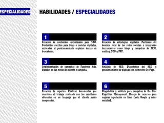 ESPECIALIDADES HABILIDADES / ESPECIALIDADES
1
1 1
2
1
3 1
4
1
5 1
6
Creación de contenidos optimizados para SEO.
Contenidos escritos para blogs o revistas digitales,
enfocados al posicionamiento orgánico dentro de
buscadores.
Creación de estrategias digitales. Partiendo del
dominio total de las redes sociales e integrando
herramientas como blogs y campañas de SEM,
mailing, SEO y PPC.
Implementación de campañas de Facebook Ads.
Basados en las metas del cliente o campaña.
Análisis de SEO. Diagnóstico del SEO y
posicionamiento de páginas con elementos On-Page.
Creación de reportes. Realizar documentos que
muestren el trabajo realizado con los resultados
obtenidos en un lenguaje que el cliente pueda
comprender.
Diagnóstico y análisis para campañas de On Line
Reputtion Management. Manejo de recursos para
mejorar reputación en linea (web, Google y redes
sociales).
 
