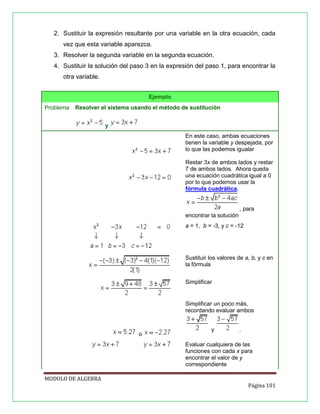 2. Sustituir la expresión resultante por una variable en la otra ecuación, cada
vez que esta variable aparezca.
3. Resolver la segunda variable en la segunda ecuación.
4. Sustituir la solución del paso 3 en la expresión del paso 1, para encontrar la
otra variable.
Ejemplo
Problema

Resolver el sistema usando el método de sustitución
y
En este caso, ambas ecuaciones
tienen la variable y despejada, por
lo que las podemos igualar
Restar 3x de ambos lados y restar
7 de ambos lados. Ahora queda
una ecuación cuadrática igual a 0
por lo que podemos usar la
fórmula cuadrática,

, para
encontrar la solución
a = 1, b = -3, y c = -12

Sustituir los valores de a, b, y c en
la fórmula
Simplificar

Simplificar un poco más,
recordando evaluar ambos

o

y

.

Evaluar cualquiera de las
funciones con cada x para
encontrar el valor de y
correspondiente
MODULO DE ALGEBRA
Página 101

 