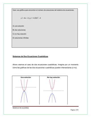 Usar una gráfica para encontrar el número de soluciones del sistema de ecuaciones.

y = -4x – 4 y y = -0.25x2 – 4

A) una solución
B) dos soluciones
C) no hay solución
D) soluciones infinitas

Sistemas de Dos Ecuaciones Cuadráticas

Ahora veamos el caso de dos ecuaciones cuadráticas. Imagina por un momento
cómo las gráficas de las dos ecuaciones cuadráticas pueden intersectarse (o no).

Una solución

No hay solución

MODULO DE ALGEBRA
Página 103

 
