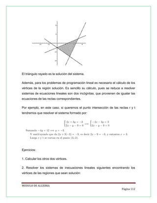 El triángulo rayado es la solución del sistema.
Además, para los problemas de programación lineal es necesario el cálculo de los
vértices de la región solución. Es sencillo su cálculo, pues se reduce a resolver
sistemas de ecuaciones lineales son dos incógnitas, que provienen de igualar las
ecuaciones de las rectas correspondientes.
Por ejemplo, en este caso, si queremos el punto intersección de las rectas r y t
tendremos que resolver el sistema formado por:

Ejercicios:
1. Calcular los otros dos vértices.
2. Resolver los sistemas de inecuaciones lineales siguientes encontrando los
vértices de las regiones que sean solución:

MODULO DE ALGEBRA
Página 112

 