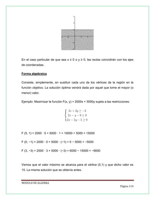 En el caso particular de que sea x ≥ 0 o y ≥ 0, las rectas coincidirán con los ejes
de coordenadas.
Forma algebraica
Consiste, simplemente, en sustituir cada uno de los vértices de la región en la
función objetivo. La solución óptima vendrá dada por aquel que tome el mayor (o
menor) valor.
Ejemplo: Maximizar la función F(x, y) = 2000x + 5000y sujeta a las restricciones:

F (5, 1) = 2000 · 5 + 5000 · 1 = 10000 + 5000 = 15000
F (0, −1) = 2000 · 0 + 5000 · (−1) = 0 − 5000 = −5000
F (3, −3) = 2000 · 3 + 5000 · (−3) = 6000 − 15000 = −9000

Vemos que el valor máximo se alcanza para el vértice (5,1) y que dicho valor es
15. La misma solución que se obtenía antes.

MODULO DE ALGEBRA
Página 114

 