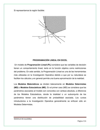 Si representamos la región factible:

PROGRAMACIÓN LINEAL EN EXCEL
Un modelo de Programación Lineal (PL) considera que las variables de decisión
tienen un comportamiento lineal, tanto en la función objetivo como restricciones
del problema. En este sentido, la Programación Lineal es una de las herramientas
más utilizadas en la Investigación Operativa debido a que por su naturaleza se
facilitan los cálculos y en general permite una buena aproximación de la realidad.
Los Modelos Matemáticos se dividen básicamente en Modelos Determistas
(MD) o Modelos Estocásticos (ME). En el primer caso (MD) se considera que los
parámetros asociados al modelo son conocidos con certeza absoluta, a diferencia
de los Modelos Estocásticos, donde la totalidad o un subconjunto de los
parámetros tienen una distribución de probabilidad asociada. Los cursos
introductorios a la Investigación Operativa generalmente se enfocan sólo en
Modelos Determistas.

MODULO DE ALGEBRA
Página 116

 