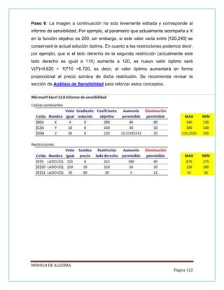 Paso 6: La imagen a continuación ha sido levemente editada y corresponde al
informe de sensibilidad. Por ejemplo, el parametro que actualmente acompaña a X
en la función objetivo es 200, sin embargo, si este valor varía entre [120,240] se
conservará la actual solución óptima. En cuanto a las restricciones podemos decir,
por ejemplo, que si el lado derecho de la segunda restricción (actualmente este
lado derecho es igual a 110) aumenta a 120, es nuevo valor óptimo será
V(P)=6.620 + 10*10 =6.720, es decir, el valor óptimo aumentará en forma
proporcional al precio sombra de dicha restricción. Se recomienda revisar la
sección de Análisis de Sensibilidad para reforzar estos conceptos.

MODULO DE ALGEBRA
Página 122

 