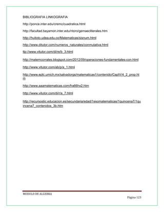 BIBLIOGRAFIA LINKOGRAFIA
http://ponce.inter.edu/cremc/cuadratica.html
http://facultad.bayamon.inter.edu/ntoro/gemaecliterales.htm
http://huitoto.udea.edu.co/Matematicas/sisnum.html
http://www.ditutor.com/numeros_naturales/conmutativa.html
ttp://www.vitutor.com/di/re/b_3.html
http://matemcorrales.blogspot.com/2012/09/operaciones-fundamentales-con.html
http://www.vitutor.com/ab/p/a_1.html
http://www.eplc.umich.mx/salvadorgs/matematicas1/contenido/CapIV/4_2_prop.ht
m
http://www.aaamatematicas.com/fra66hx2.htm
http://www.vitutor.com/di/r/a_7.html
http://recursostic.educacion.es/secundaria/edad/1esomatematicas/1quincena7/1qu
incena7_contenidos_3b.htm

MODULO DE ALGEBRA
Página 123

 
