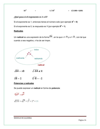 10-3

=

1 / 103

=

1/1.000 = 0,001

¿Qué pasa si el exponente es 1 o 0?
Si el exponente es 1, entonces tienes el número solo (por ejemplo 91 = 9)
Si el exponente es 0, la respuesta es 1 (por ejemplo 90 = 1)
Radicales
Un radical es una expresión de la forma

, en la que n

ya

; con tal que

cuando a sea negativo, n ha de ser impar.

Potencias y radicales
Se puede expresar un radical en forma de potencia:

MODULO DE ALGEBRA
Página 16

 