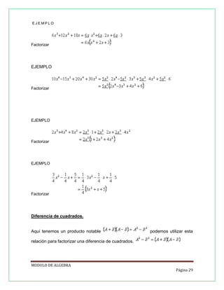 EJEMPLO

Factorizar

EJEMPLO

Factorizar

EJEMPLO

Factorizar

EJEMPLO

Factorizar

Diferencia de cuadrados.

Aquí tenemos un producto notable

podemos utilizar esta

relación para factorizar una diferencia de cuadrados.

MODULO DE ALGEBRA
Página 29

 