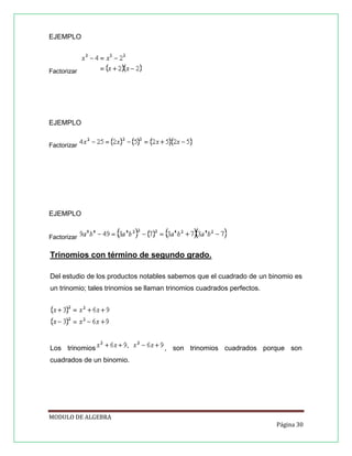 EJEMPLO

Factorizar

EJEMPLO
Factorizar

EJEMPLO

Factorizar

Trinomios con término de segundo grado.
Del estudio de los productos notables sabemos que el cuadrado de un binomio es
un trinomio; tales trinomios se llaman trinomios cuadrados perfectos.

Los trinomios

, son trinomios cuadrados porque son

cuadrados de un binomio.

MODULO DE ALGEBRA
Página 30

 