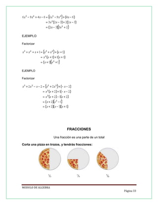 EJEMPLO
Factorizar

EJEMPLO
Factorizar

FRACCIONES
Una fracción es una parte de un total
Corta una pizza en trozos, y tendrás fracciones:

1

/2

1

/4

3

/8

MODULO DE ALGEBRA
Página 33

 